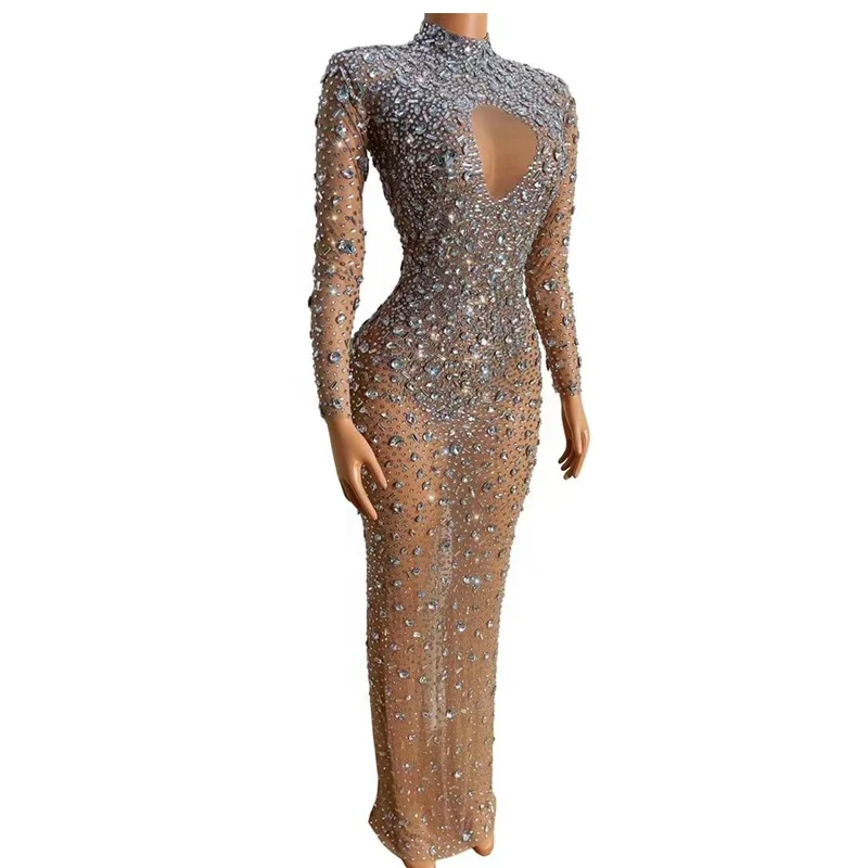 Hot Selling Maxi Elegant Brown Elegant Evening Dresses rhinestones birthday party dresses for woman Rhinestone Prom Ball Gowns