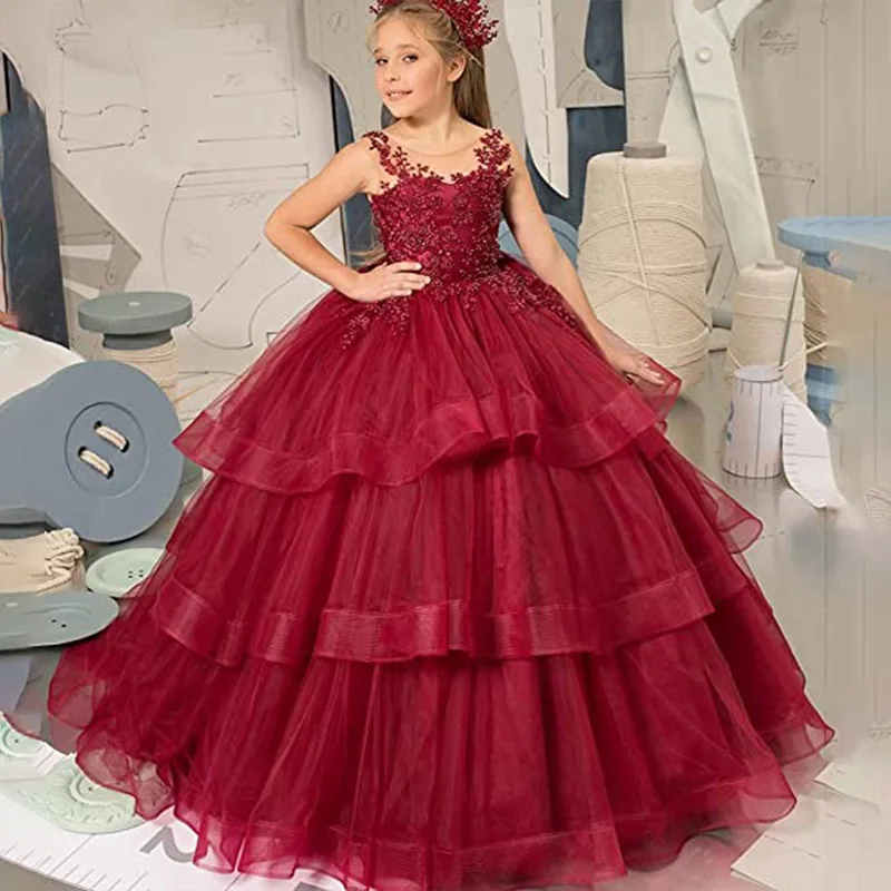 Backless Flower Girl Party Dress Customized Puffy Ball Gown Elegant Kids Wedding Dresses with Applique Tulle Fabric Sleeveless