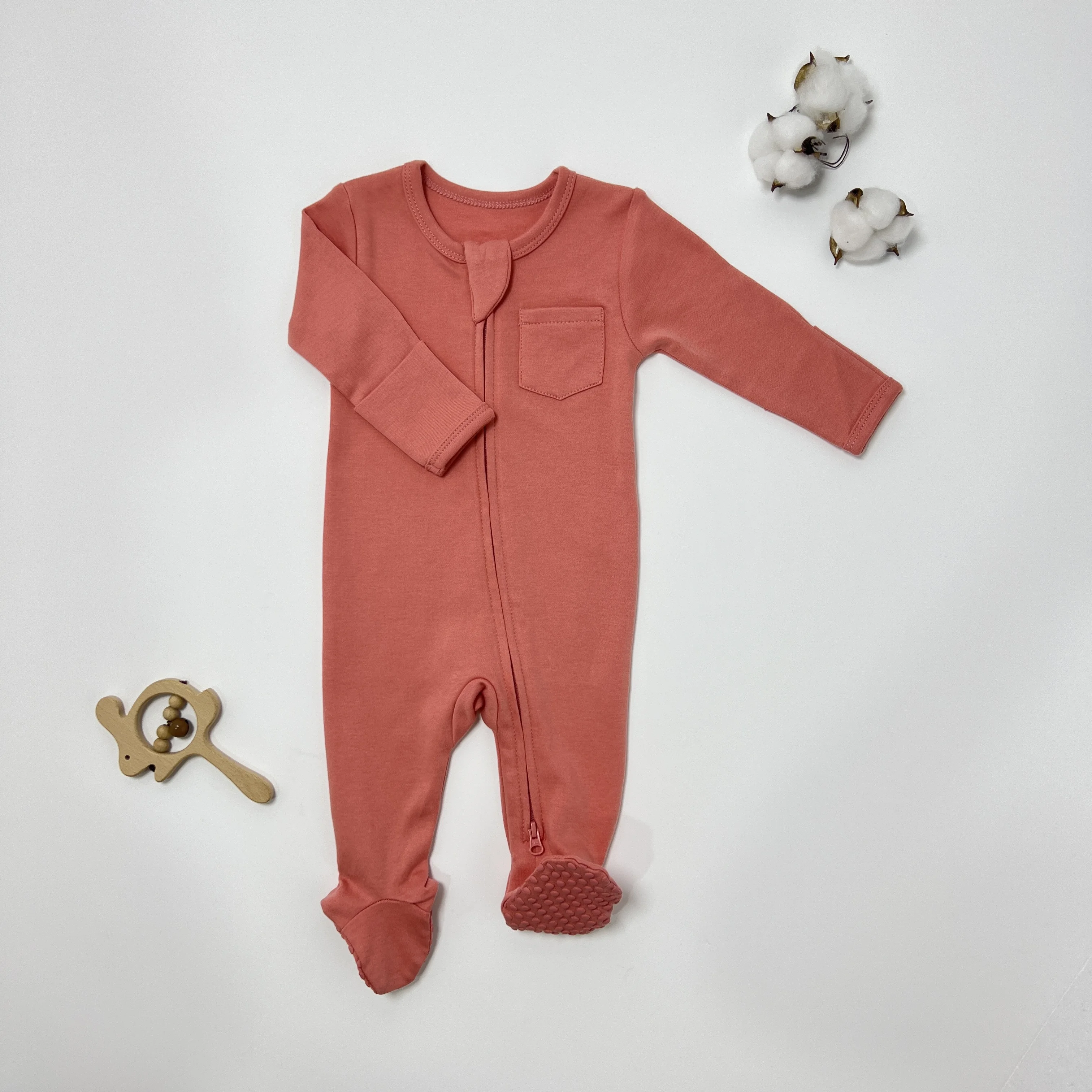 Spring Autumn Wholesale Toddler 100% Organnic Cotton Pajamas Long Sleeve Zipper Baby Footed Pajamas Infant Romper