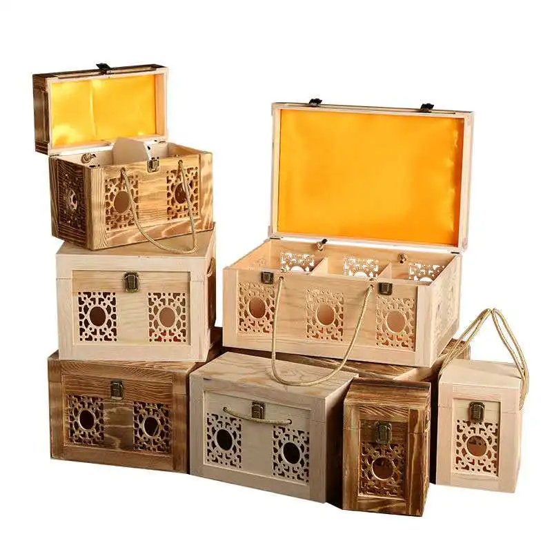 
Factory hollowed-up wooden gift wine box with hinged lid paulownia box storage and custom carved crafts logo 