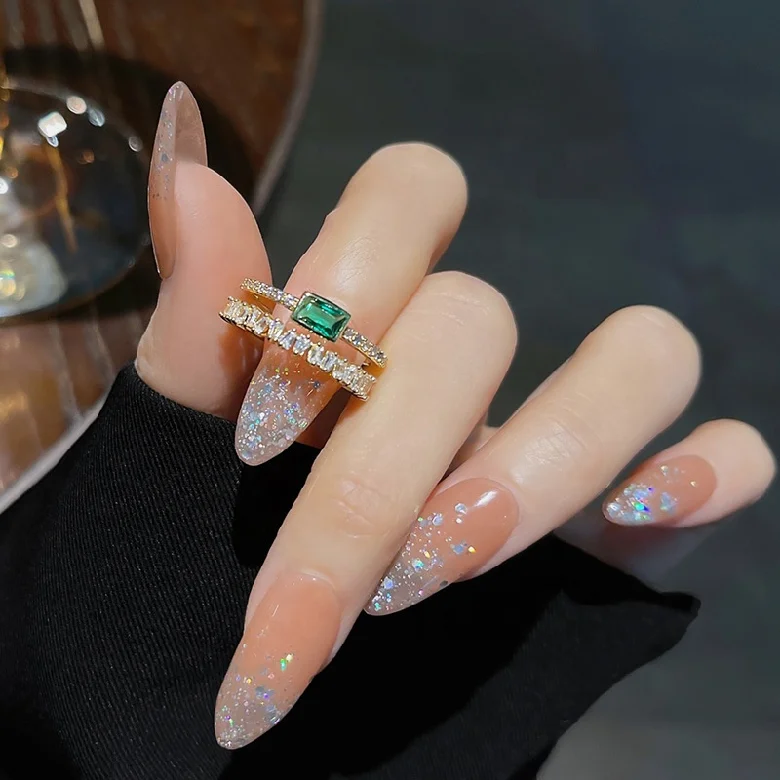 Korean Hot Selling Sense Green Zircon Double Layer Ring Luxury Emerald Gemstone Crystal Open Adjustable Rings Jewelry Women