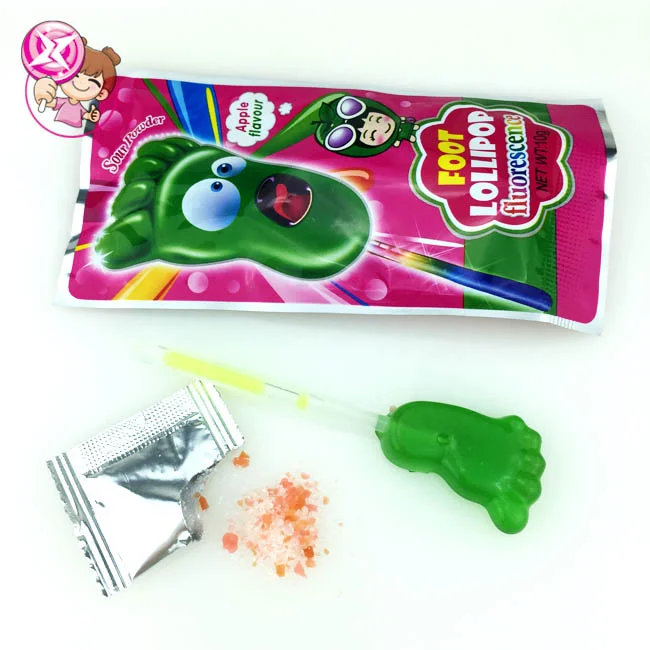 Foot Shape Sweet Fluorescence Glow Stick Hard Lollipop Candy With Popping Candy