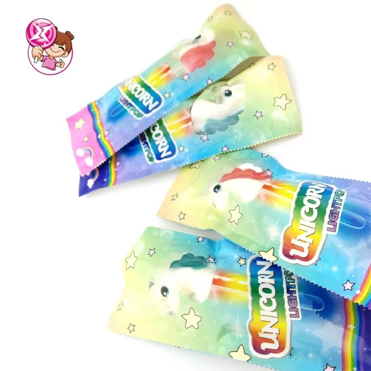 The factory wholesale halal fruit-flavored unicorn-shaped lollipops for kids