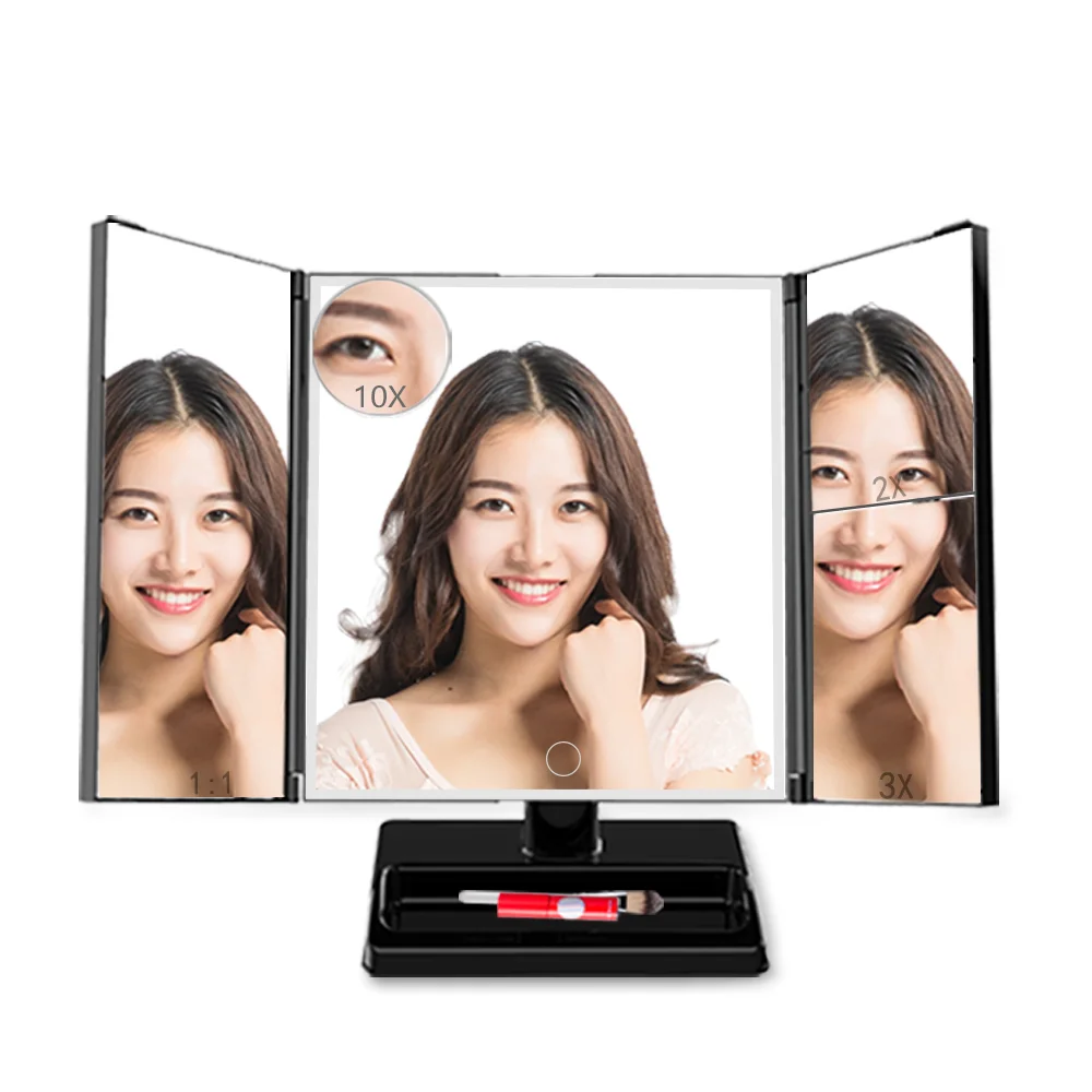 Touch Sensor Table Top Vanity Trifold Makeup Three Fold Make Up 10X Magnifying Tri Fold Makeup Mirror
