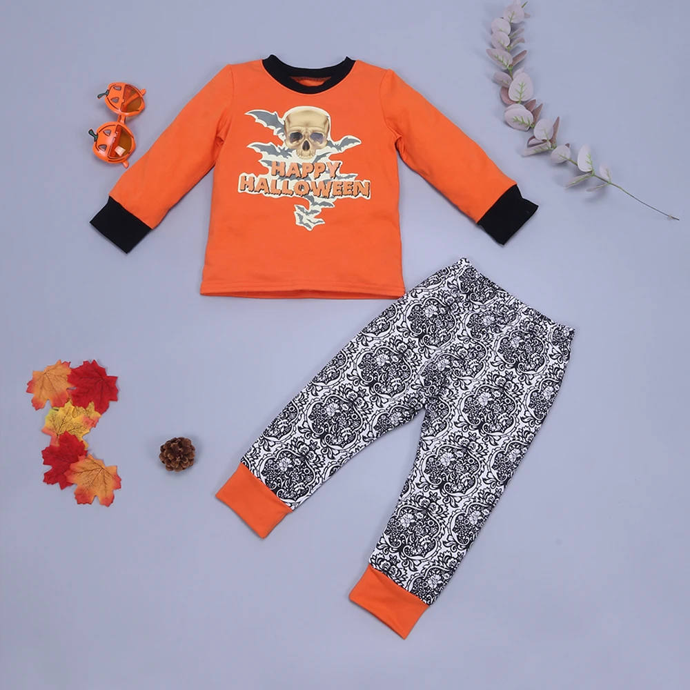 Ready to ship two piece pants set 2022 halloween pattern pajamas kids cotton