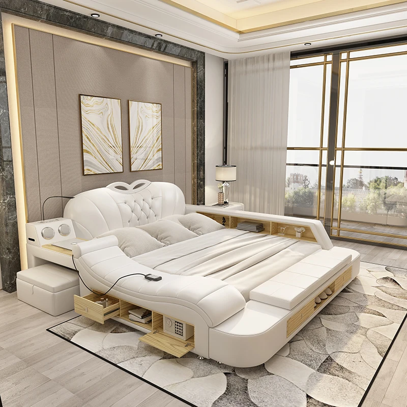 Полноценная мебель для спальни, умная электрическая стандартная двуспальная платформа, Стильная белая кожаная кровать, функциональная Красивая кровать