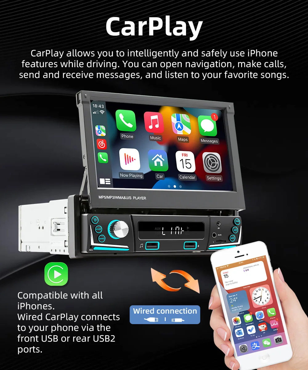 Universal 7 Inch 1 Din Car Radio Player Manual Retractable Car Stereo Wireless Carplay Mirror Link USB AUX Android Auto