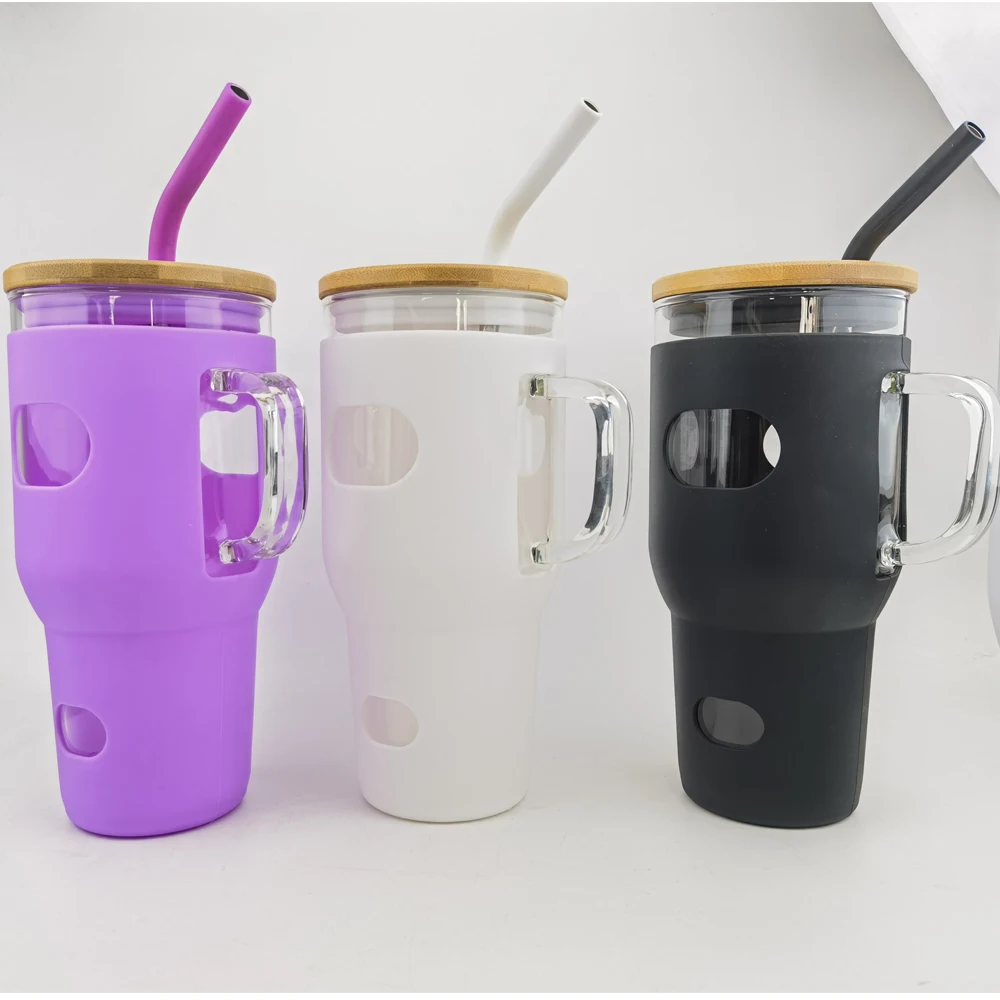 Wholesale Bpa Free 32Oz Double Wall Drinking  Juice Coffee Beer Clear Glass Suction  Cup Tumbler Mug For Glass With Bamboo Lid