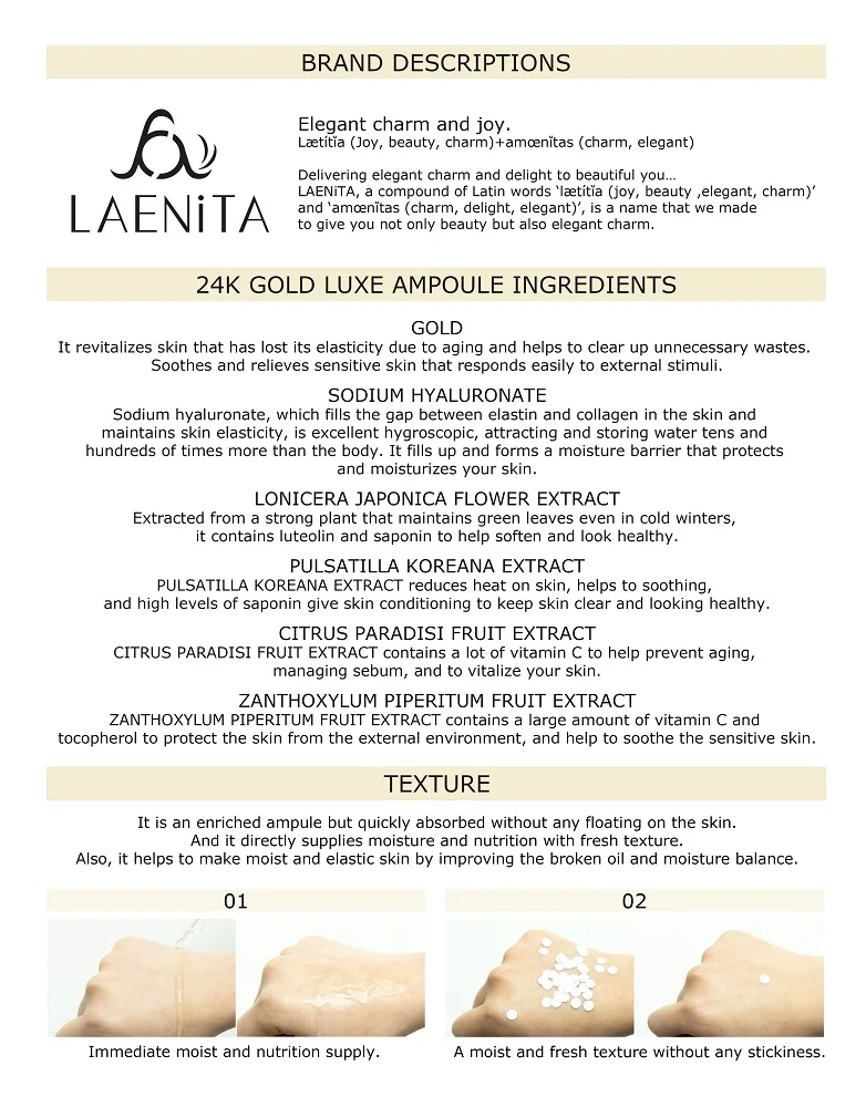
[LAENiTA] 24K Gold Luxe Ampoule 99.9% Pure Gold Serum Essence Korean cosmetics Nutrition / Anti Wrinkle / Anti Aging 