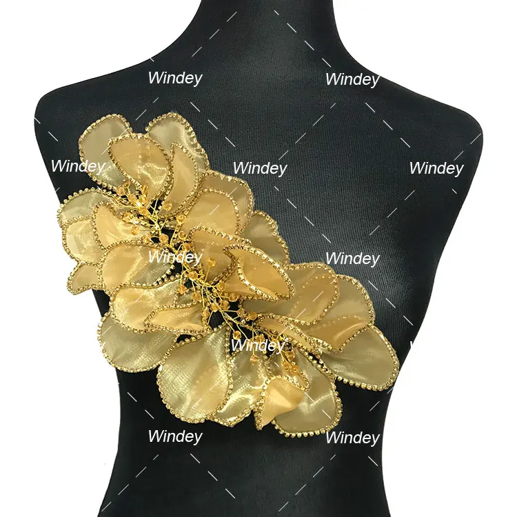 3D Wire Work Flower Patches Garment Accessories Welding Crystal Stone Rhinestone Bodice Applique For Formal Party Gown