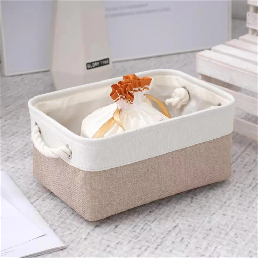 Linen Storage Bins with Sturdy Cotton Handles Fabric Storage Baskets for Home or Office Closet Organizing Books Clothes Toys