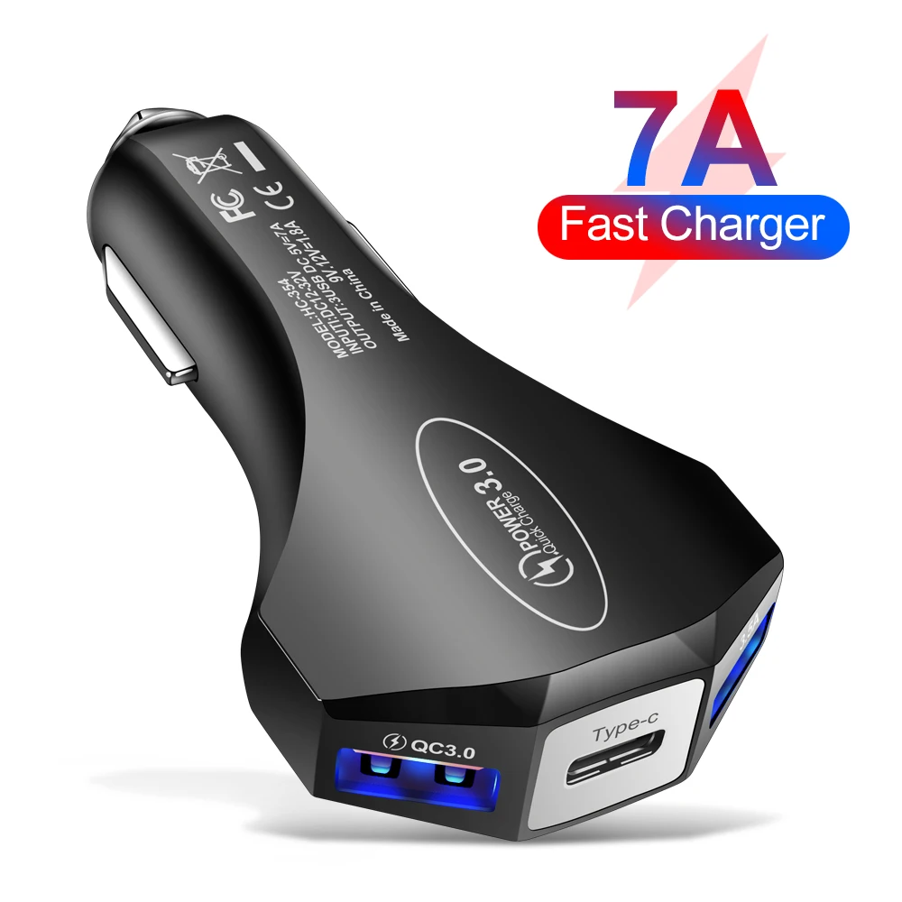 Charger Adapters 3 Port 7A  QC3.0 USB C Safety Hammer USB3.0 In-Car Phone Charging Car Charger 30W