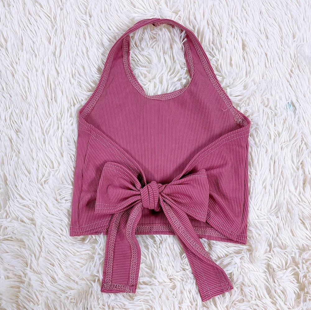 Wholesale factory custom  halter crop top Strap Shirts Tie Bow baby girl ribbed Backless Halter Tops