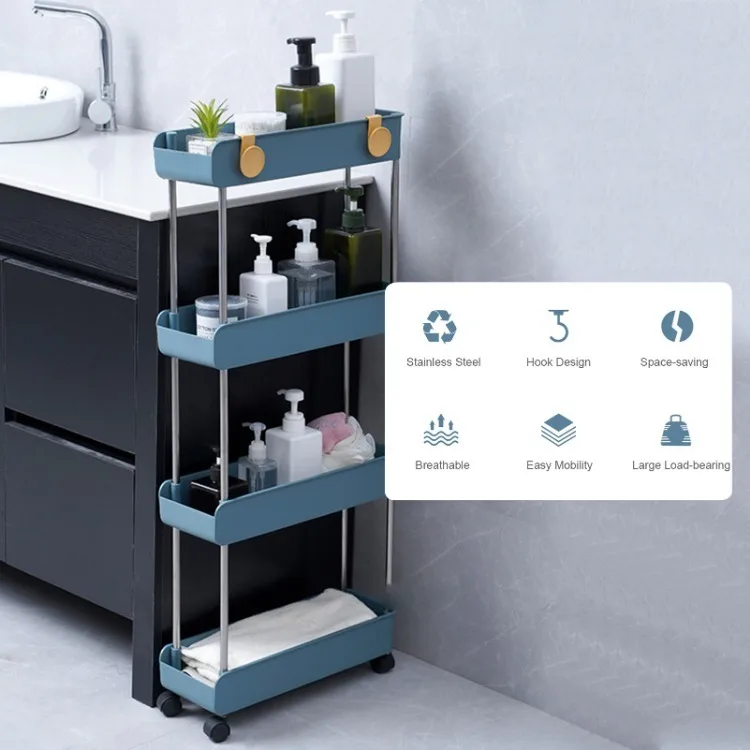3-Tier Rolling Utility Cart with Wheels Hanging Hook Multifunctional Storage Organization Shelves Portable Standing Shelf
