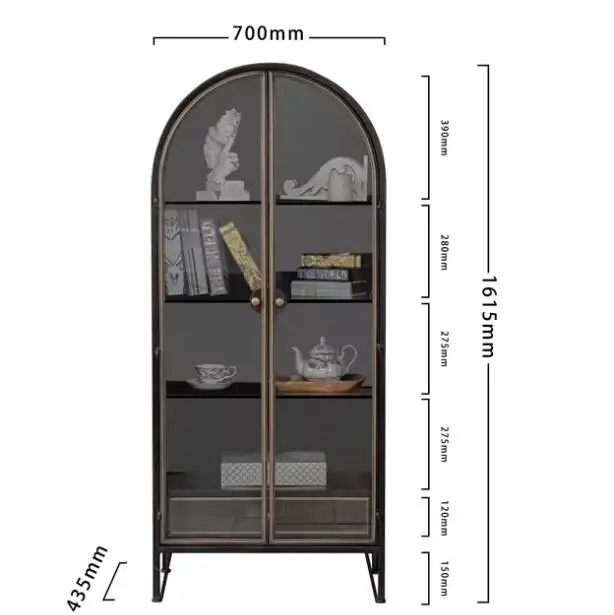 Art crafted Shabby Chic Black Dark Storage Arched Display Cupboard Glass Door 3 Shelf 1 Drawer Cabinet Metal Leg Base bookcase