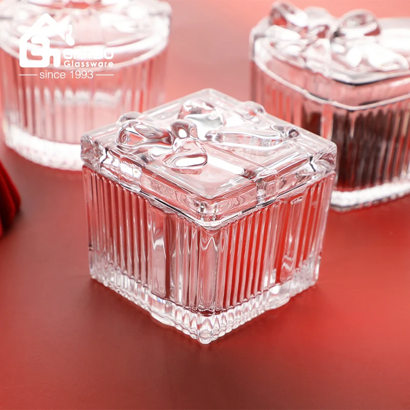 Square 3inch gift glass candy jar stripe design cute decoration bow-knot design clear glass biscuit storage canister jar