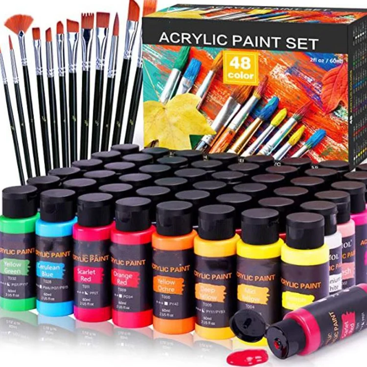 Acrylic Paint Set 48 Colors 2 oz/Bottle with 12 Art Brushes Art Supplies for Painting Canvas Wood Ceramic & Fabric Rich Pigment