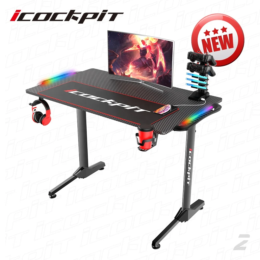 icockpit Modern Ergonomic Metal Frame Cheap Gaming Desk RGB LED Computer Gaming Table RGB Gaming Desk For Gamer Workstation