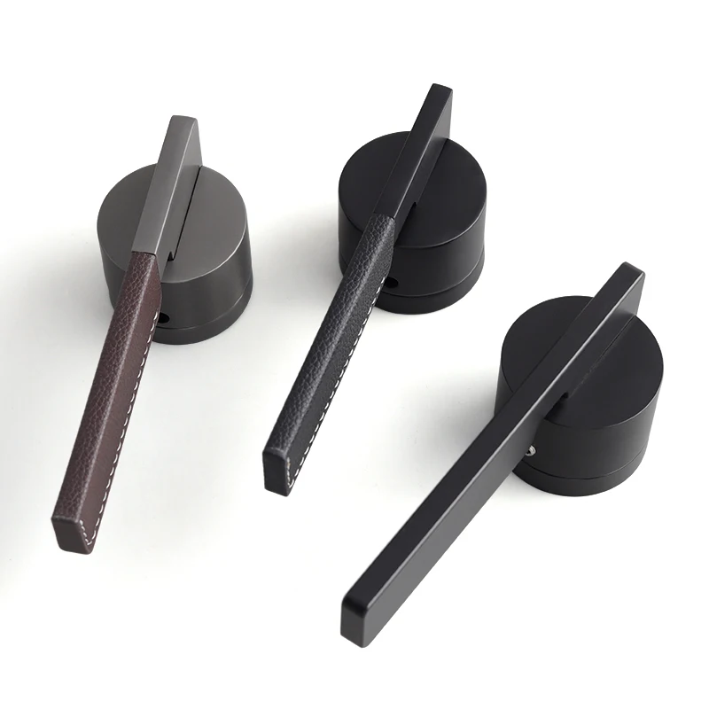 Oukali European Style Luxury Zinc Alloy Leather Black Brown  Straight Bar Door Lock Hardware Interior Door Handle