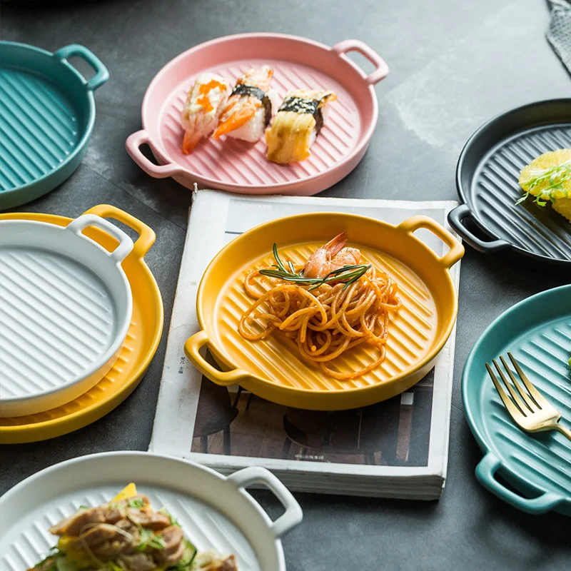 From China Steak Pasta Dessert Serving Dishes Ceramic Pizza Baking Dish Bread Flat-bottomed Ceramic Dish Plate