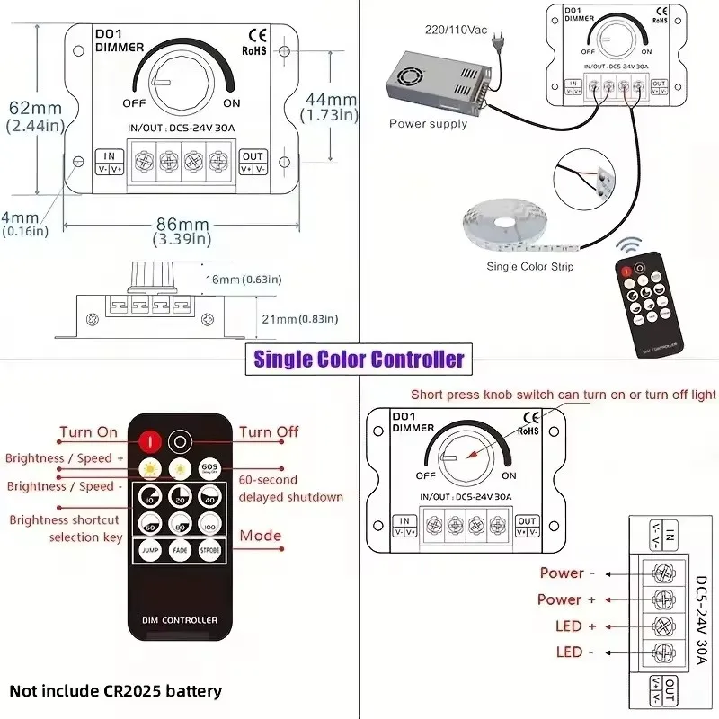 led Switch Dimmer 12V-24V 30A PWM Dimming Controller, Adjustable Brightness Light Switch Dimmer Controller for LED Strip Light