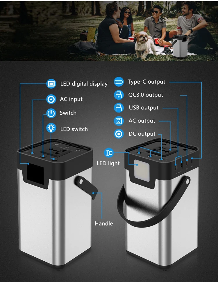 Quick Charge Support Flashing light 50000mah 18650 Lithium Battery camping power storage station