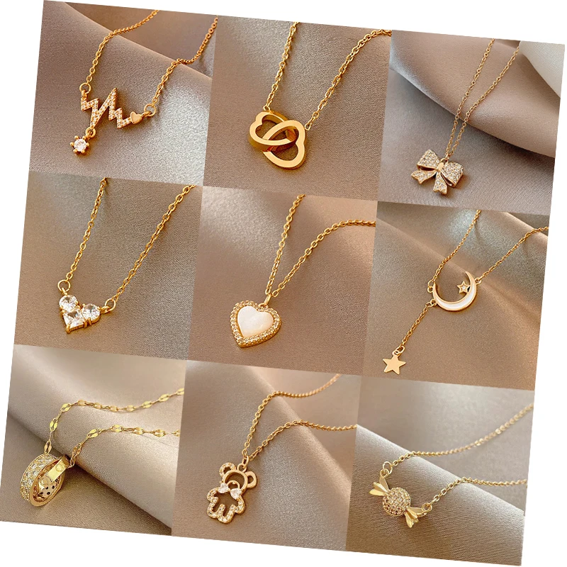 Fashion Dainty Non Tarnish 18K Gold Plated Rose Flower Moon Fishtail Heart Zircon Stainless Steel Necklace Jewelry For Women