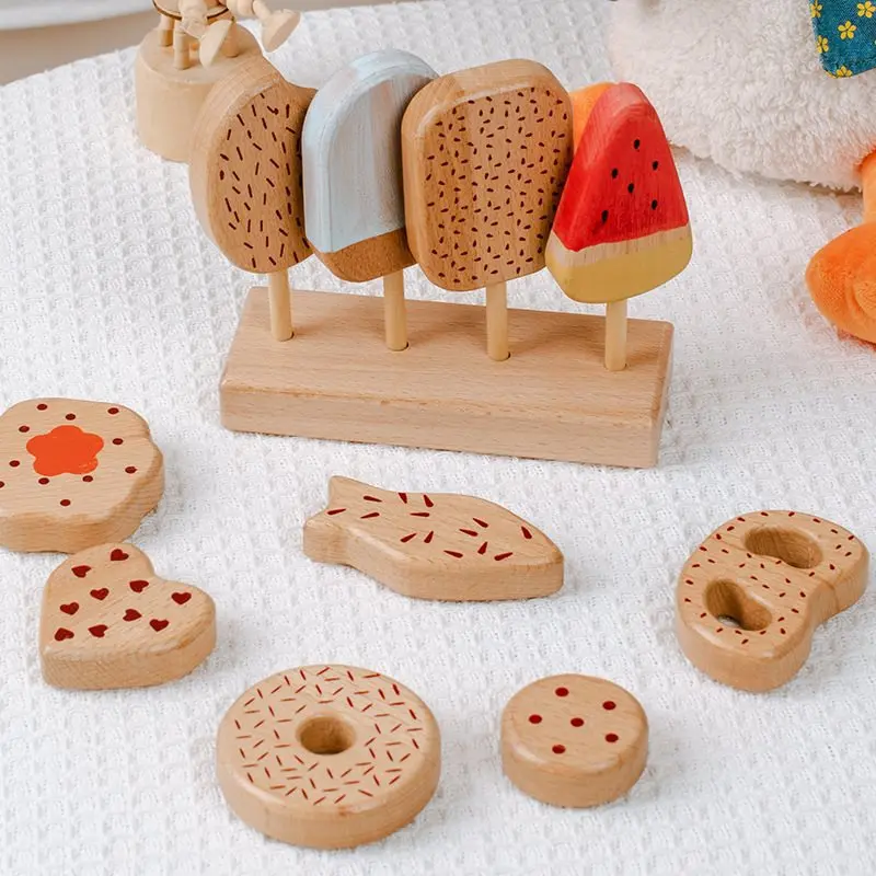 House Games For Kids Toddlers Wood Ice Cream Wooden Pretend Play Dessert Popsicle Cookie Toy Set With Stand