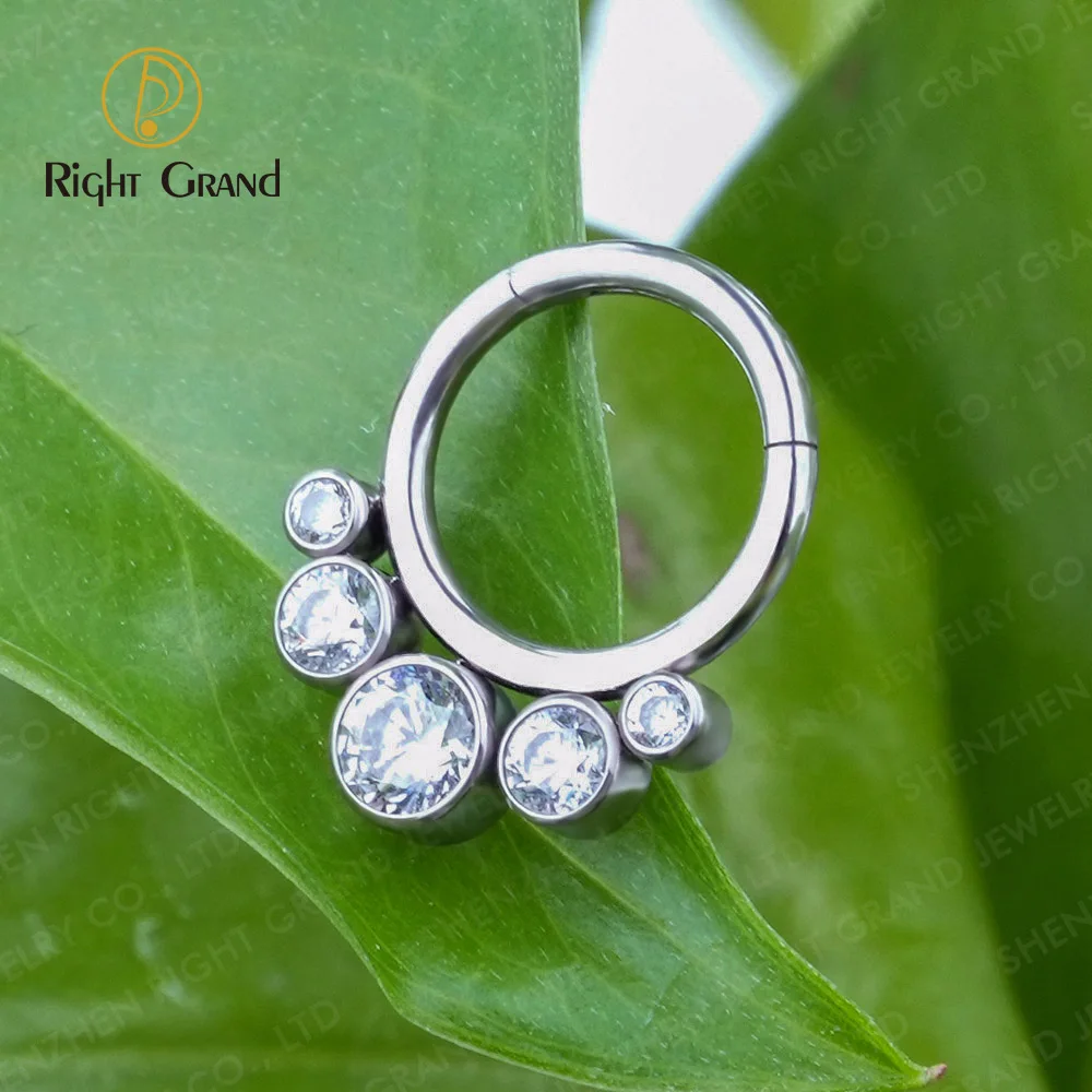 ASTM F136 Titanium Bezel Setting Cubic Zircon Round Nose Clicker Piercing Jewelry