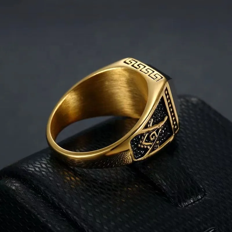 Hot Selling 316 Stainless Steel Jewellery Vintage Black Onyx AG Freemason Rings for Men