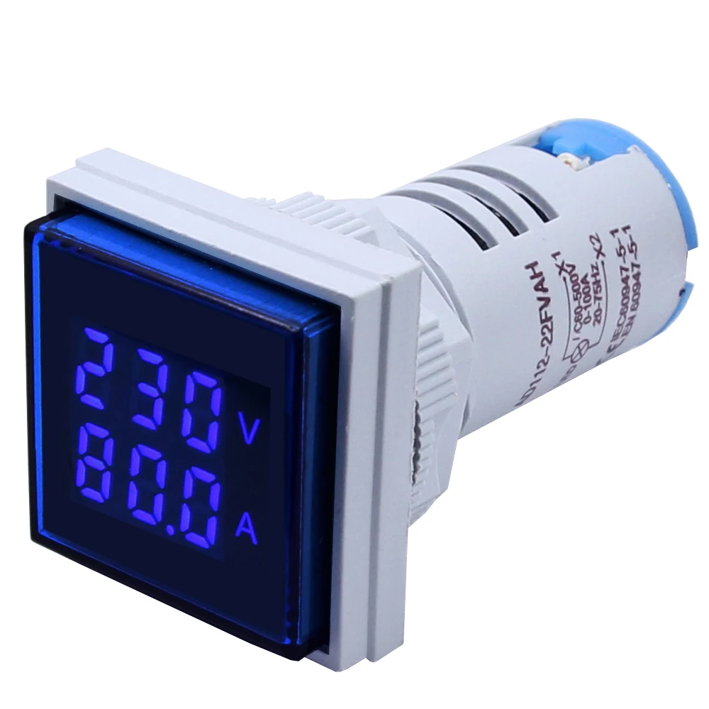 blue Square V+A LED Display 22mm AC Meter Indicator 2 in 1 digital ammeter and voltmeter