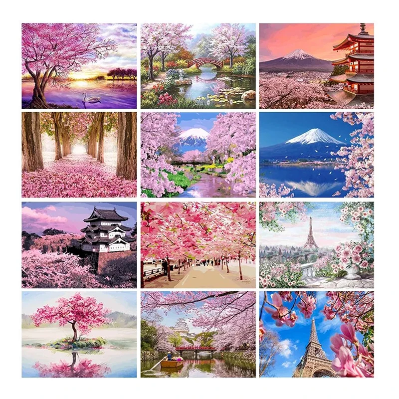 FR Hot selling cherry blossoms landscape painting by numbers handpainted diy paint by numbers canv painting for home decor
