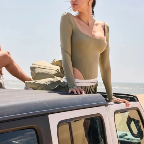 Nylon Fabric Knit Thumb Hole Bodysuit Backless Long Sleeves Clothes Ribbed Slim Tummy Compression Bodysuit for Women