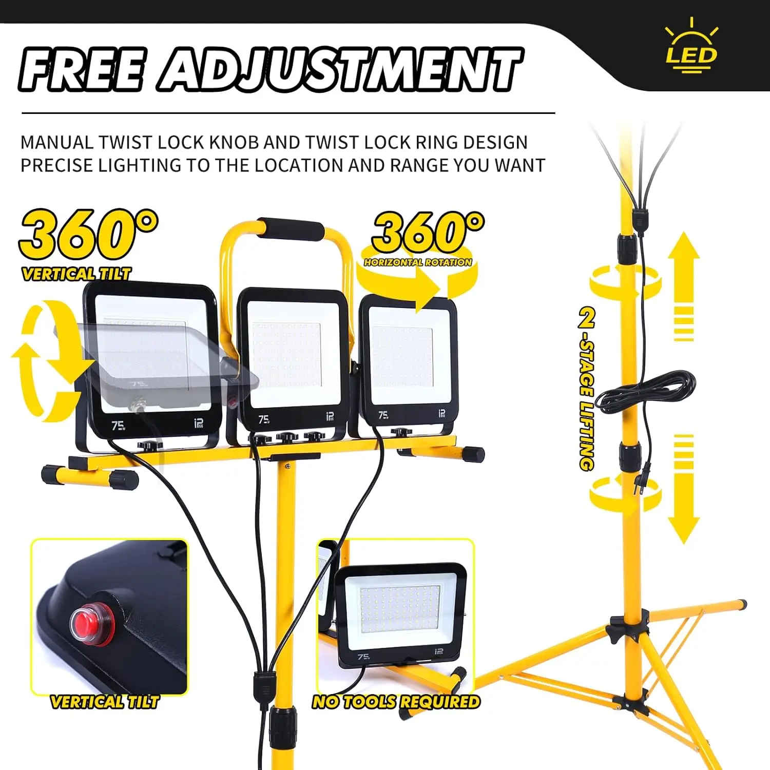 Adjustable and Foldable Tripod Stand 225W 22500 Lumen  Three Head LED Work Light with Individual Switch Lights