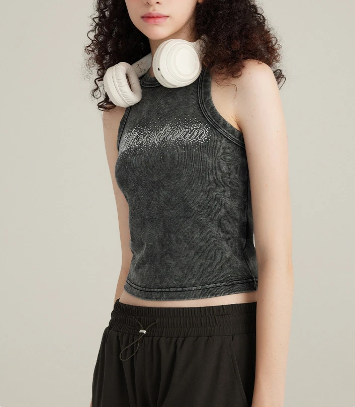 High quality Rhinestone Racer back Vest 100% Organic Cotton Sleeveless tshirt Vintage Washed Tank Top for Woman