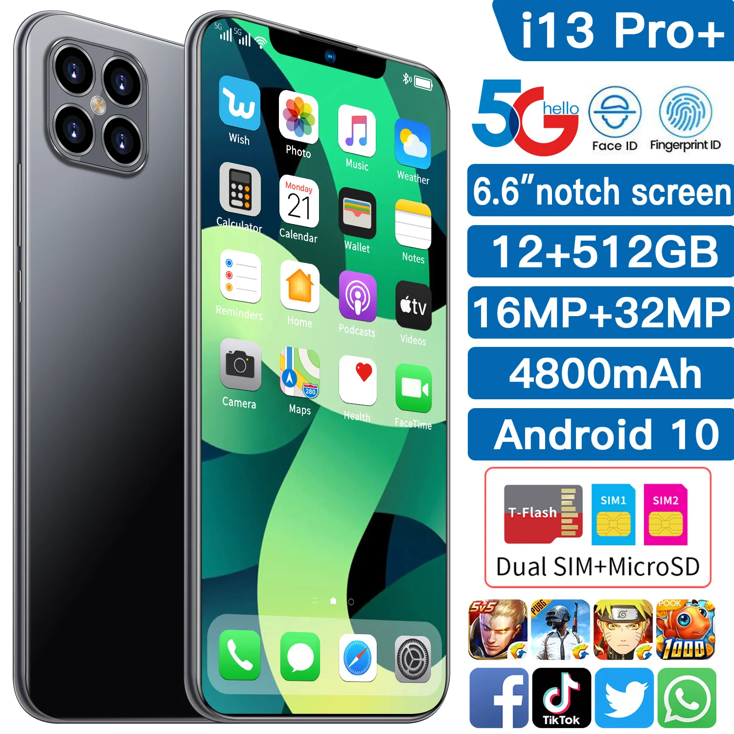  2021 Новый 6 дюймовый i13 pro + игровой мобильный телефон RAM12GB 4800mAh батарея Android face ID