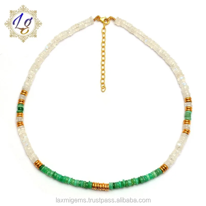 Natural Gemstone Moonstone or Chrysoprase Tyre Shape Beads 925 Silver Bracelet