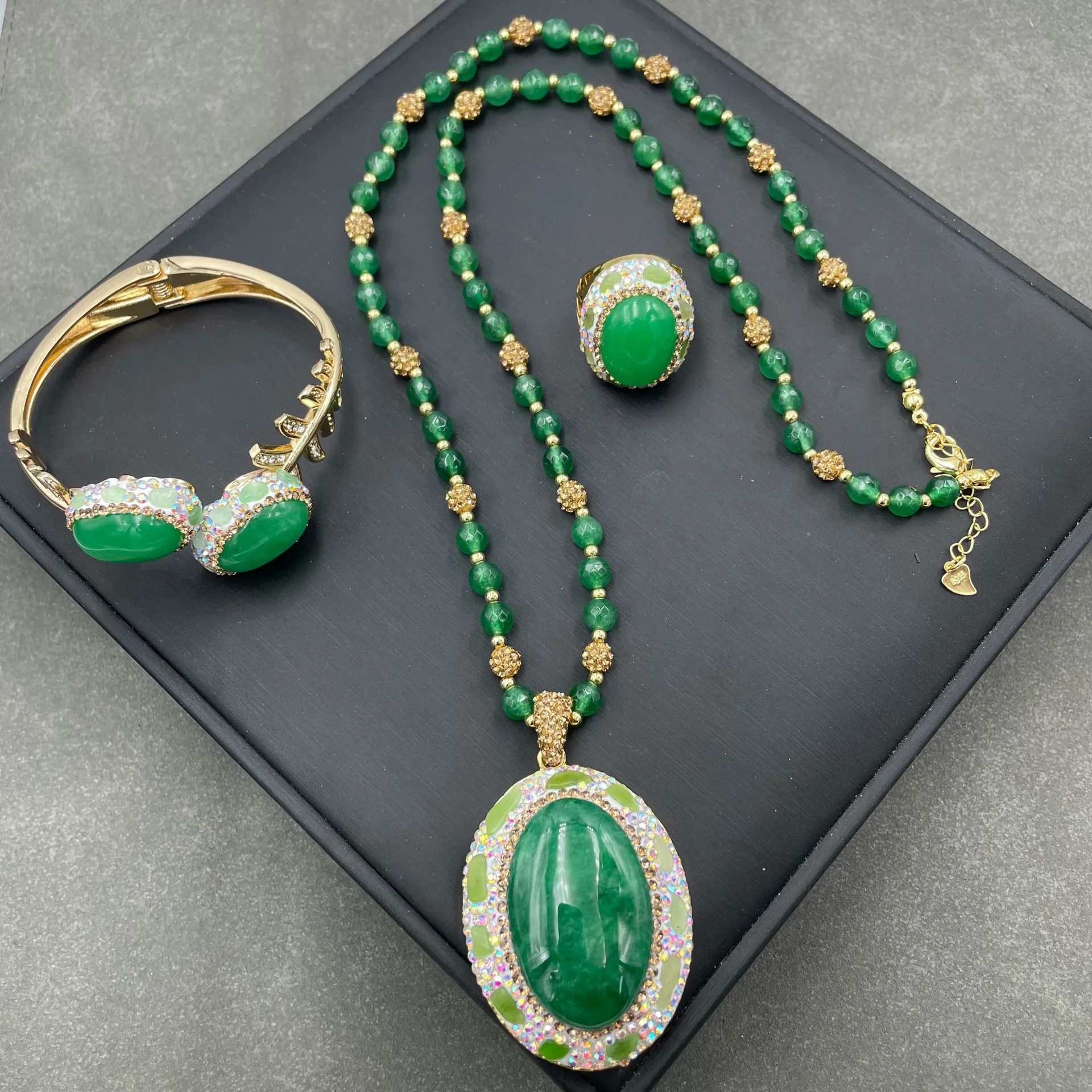 Exquisite Green Jadeite Natural Gemstone Czech Jewelry Set European and American Personalized Light Luxury Style