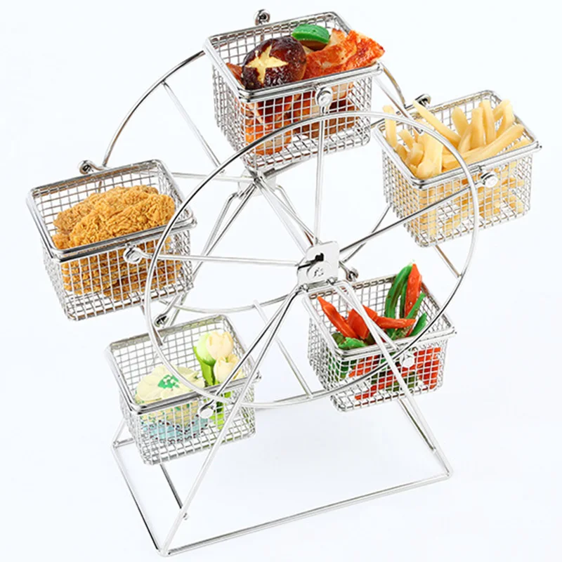 Stainless steel Ferris Wheel with 5 Baskets , Stainless Steel Foods Display Holder Can Rotate , Mini Fry Basket Holder,