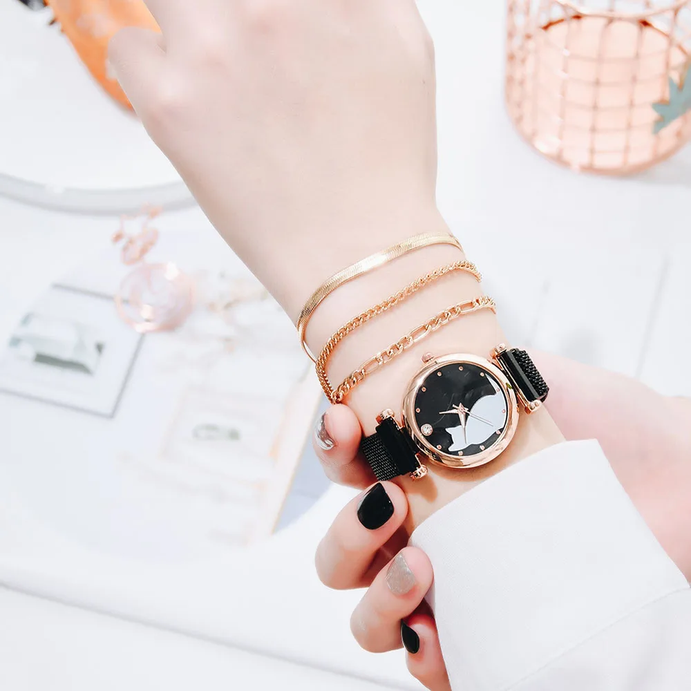 New Magnetic Watch Set Women Quartz Wristwatch Mesh Bracelet Cute Cat Dial Ladies Watches