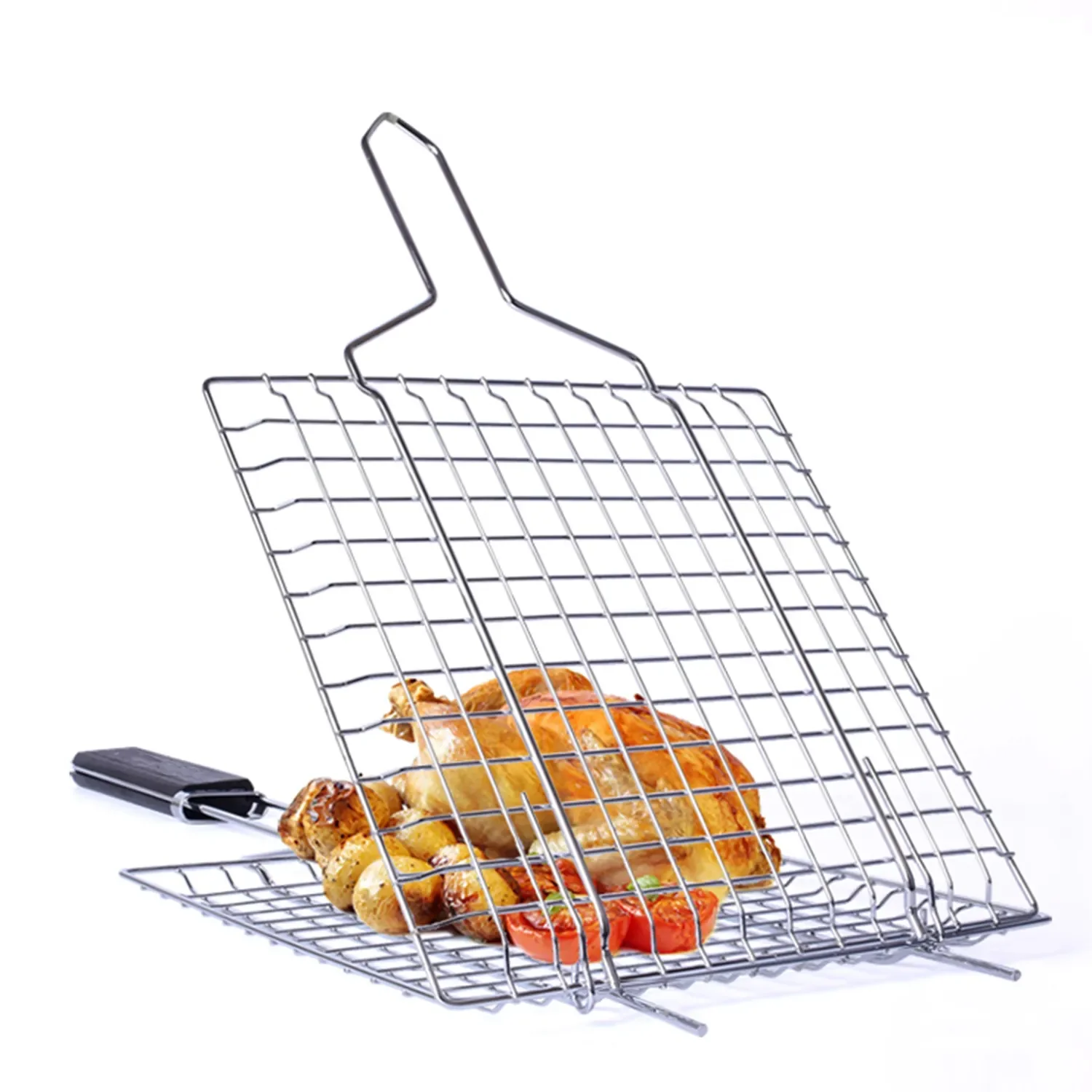 Non Stick Bbq Basket Net Grill Barbecue Holder Wired Sausage Grill Net Metal Clip Bbq Wire Mesh Grill Rack With Wooden Handle