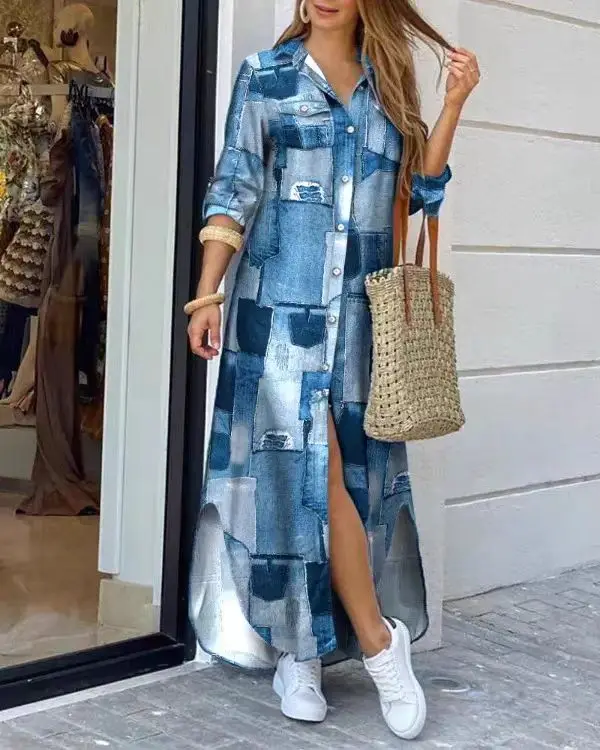 High-density real velvet digital printing long-sleeved shirt H-shaped dress with belt long sleeve dress shirts