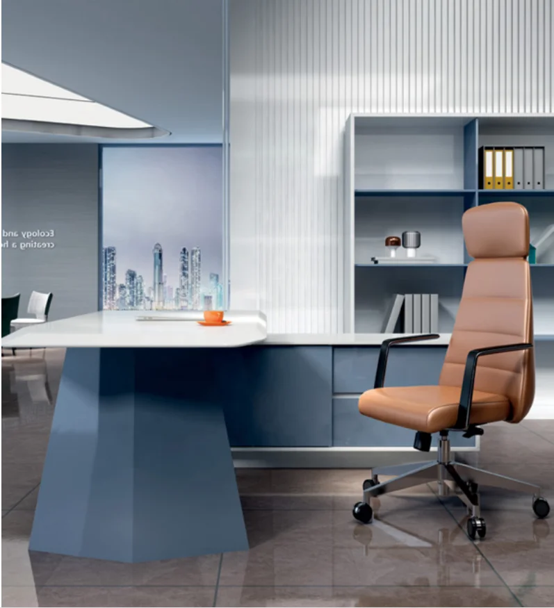 office home furniture white piano baking varnish topcoat dreamy  boss table with side cabinet and  irregular thin arc edge