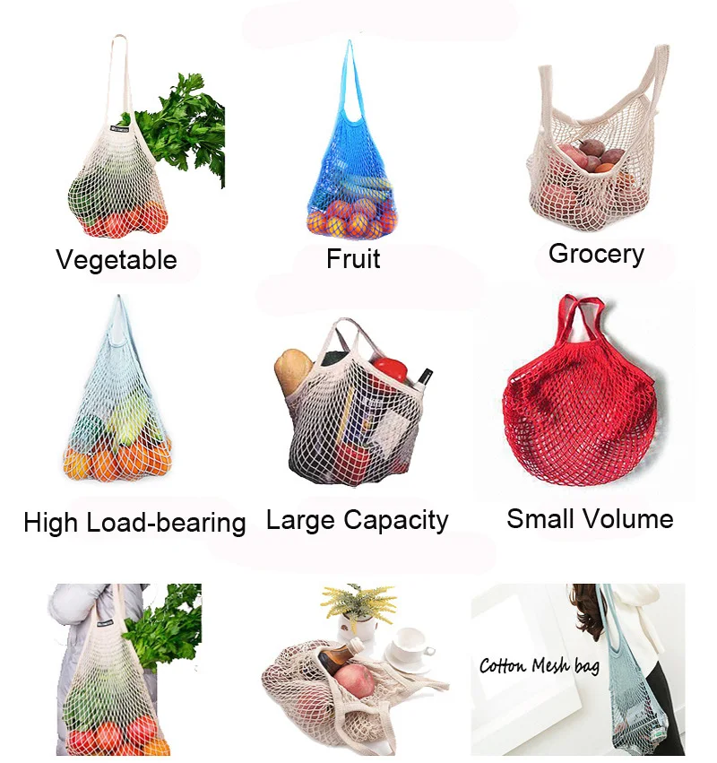Foldable macrame long handle vegetable eco friendly reusable cotton grocery bag tote string net mesh shopping bag