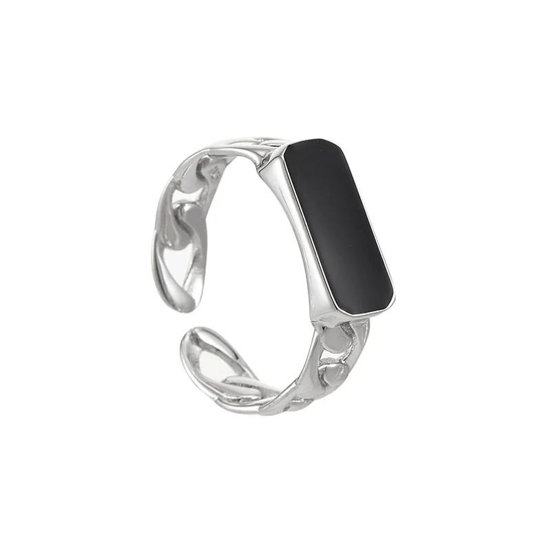 2024 Fashion Black Enamel Chunky Chain Ring Signet 925 Sterling Silver Ring Rectangle Statement Stamp Ring For Women