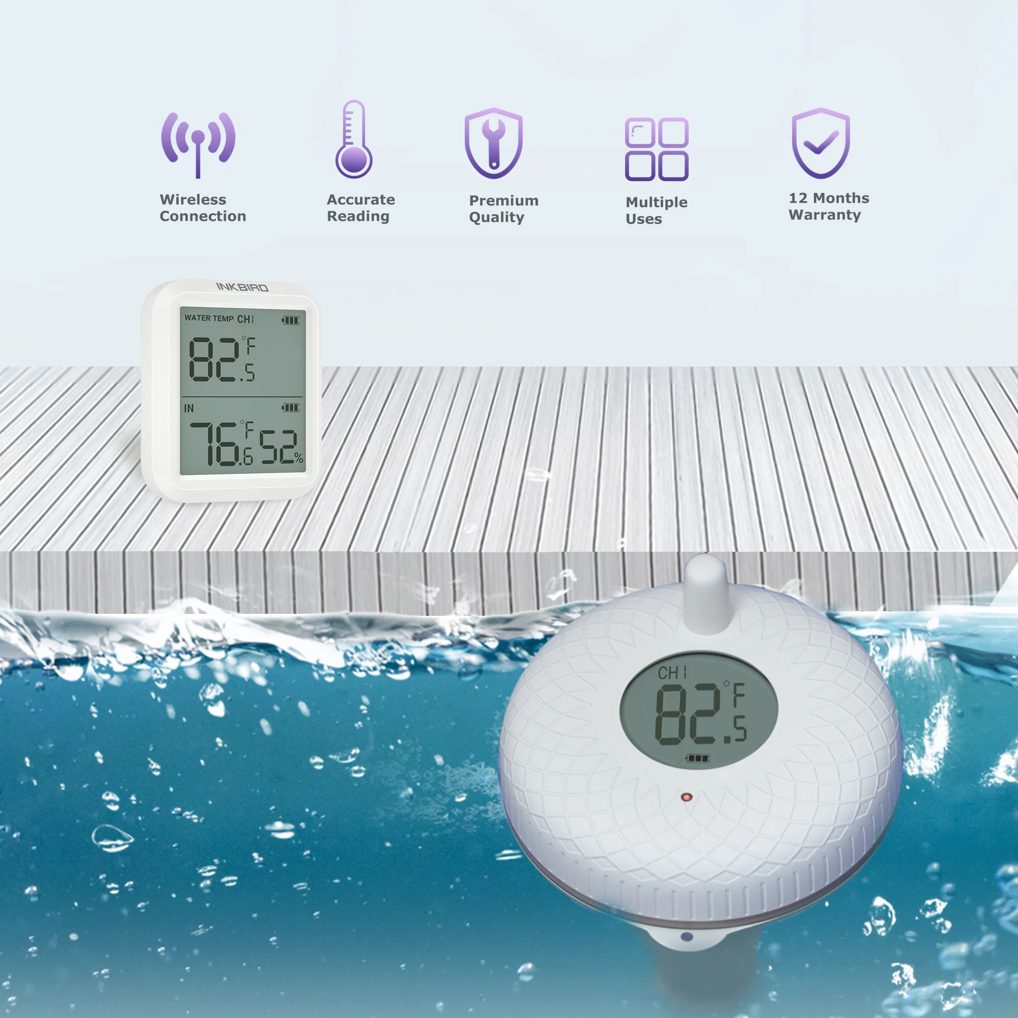 Smart Creation IBS-P02R Wireless Floating Thermometer Wireless RF Pool Thermometer with Indoor Temperature and Humidity Sensor