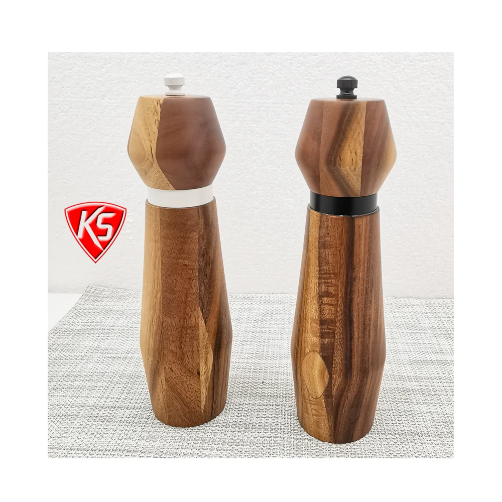 New Diamond shape Acacia Salt and Pepper Grinder with black or white color metal ring for Salt & Pepper Mills Graters