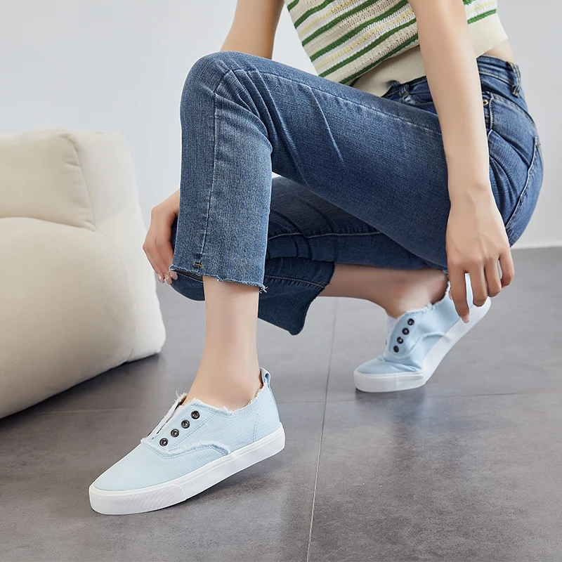 OEM Unisex Burr Walking Style Rubber Canvas Shoes No Shoelace Elastic Belt Custom Upper Canvas Flat Shoes