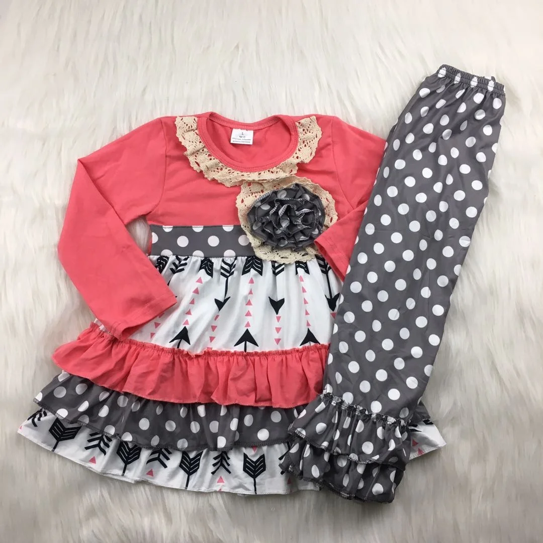
boutique girl ruffles top long sleeve dots print pants sets flower decoration fall winter wholesale kids clothes outfits 
