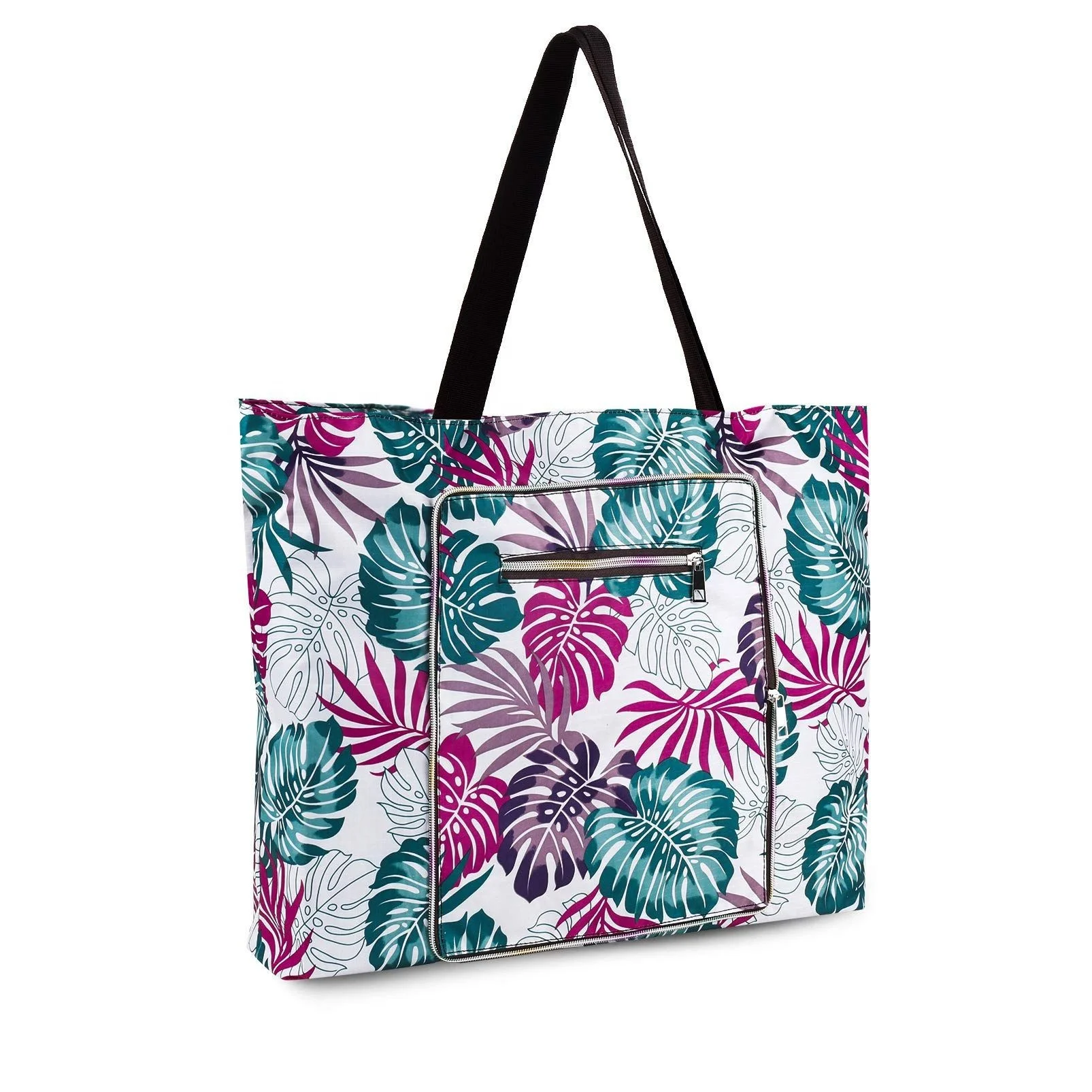 Factory new designer wholesale light weight ladies flamingo printed logo  handbag fold tote beach bag with zip